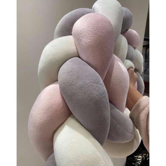 Προστατευτική πάντα πλεξούδα velvet  grey, baby pink & white